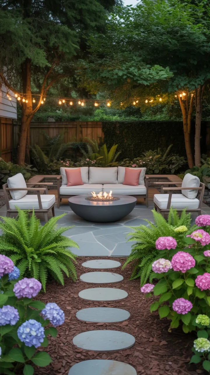 Secluded Backyard Sanctuary with Cozy Fire Pit and Lush Hydrangeas