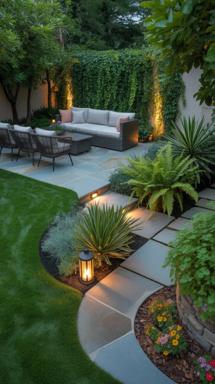 Lantern-Lit Flagstone Sanctuary Surrounded by Lush, Private Greenery