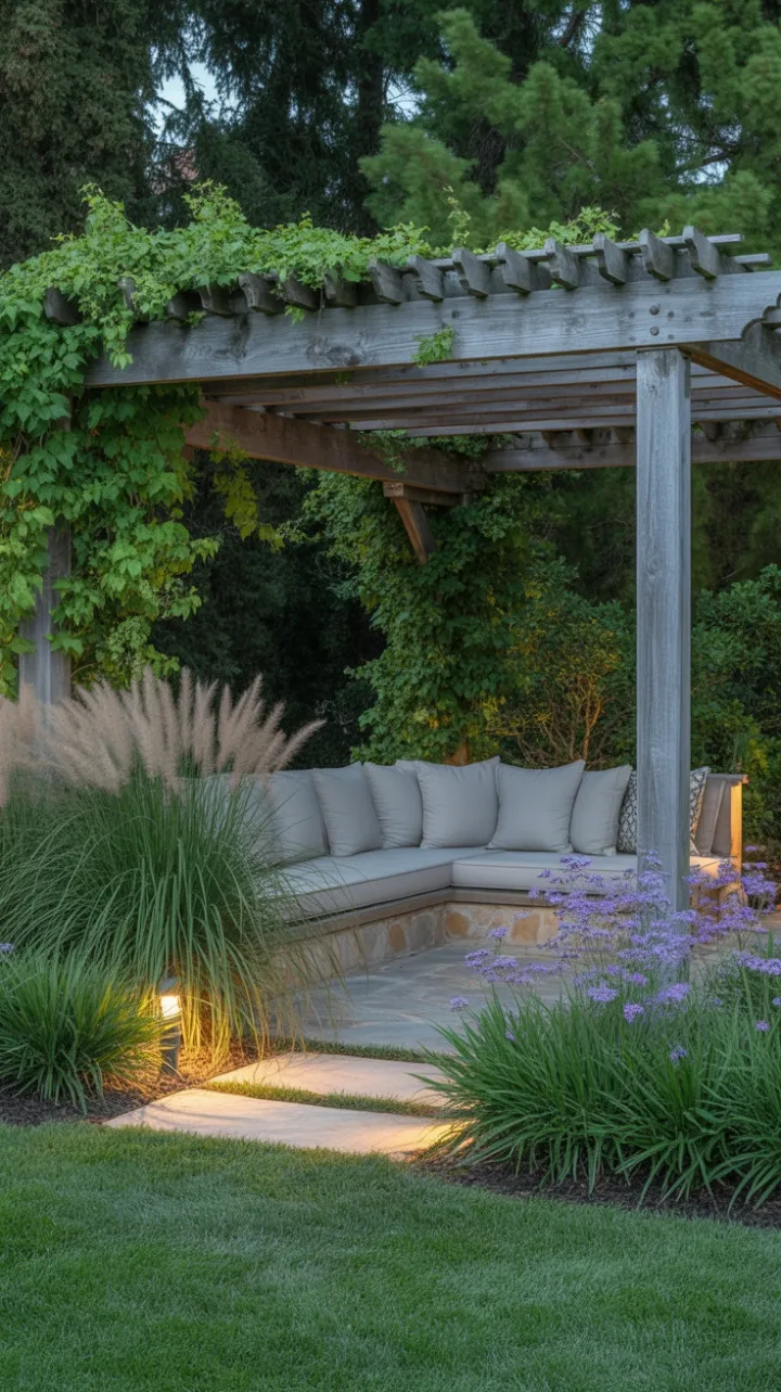 Jasmine-Clad Pergola and Serene Stone Patio Retreat