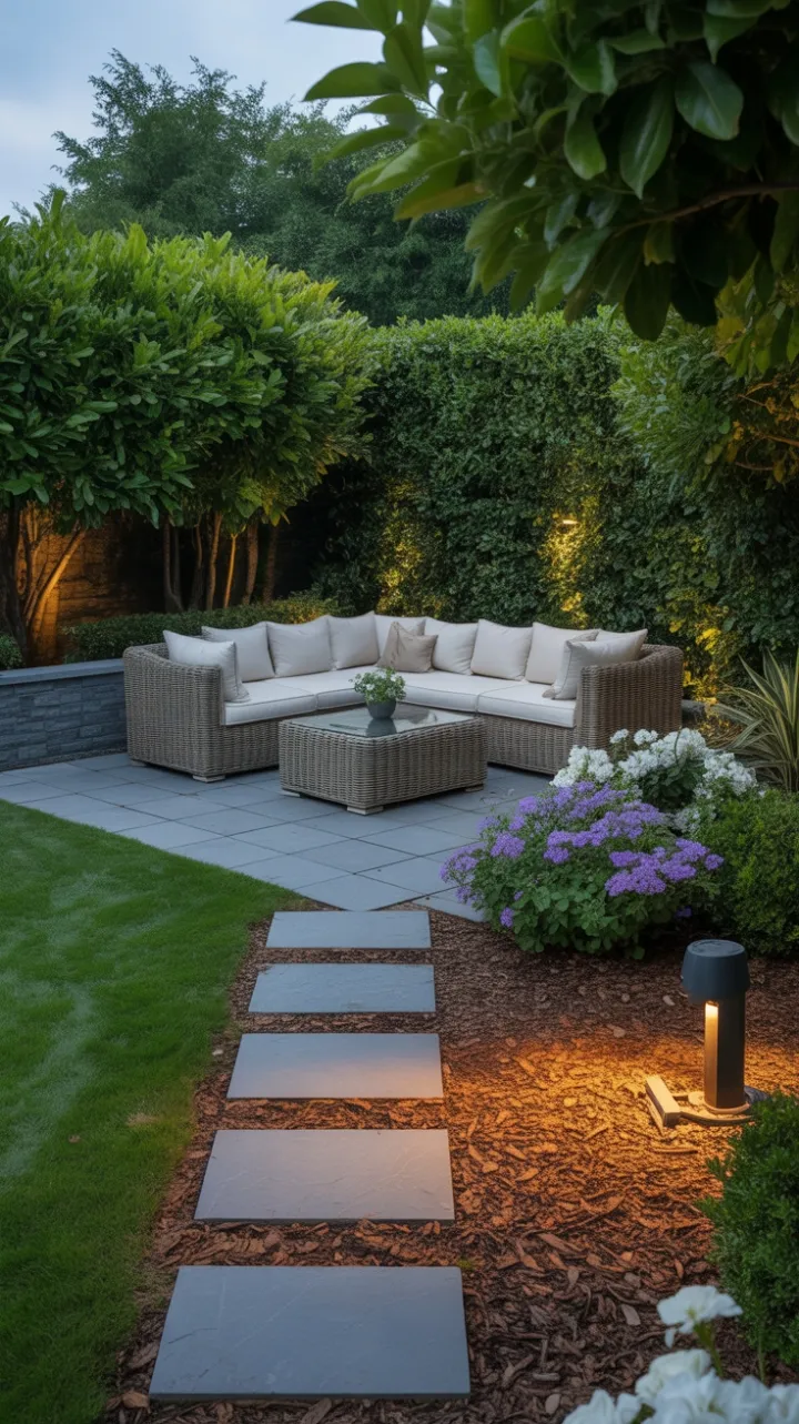 Hidden Backyard Sanctuary with Modern Stone Patio and Lush Floral Privacy