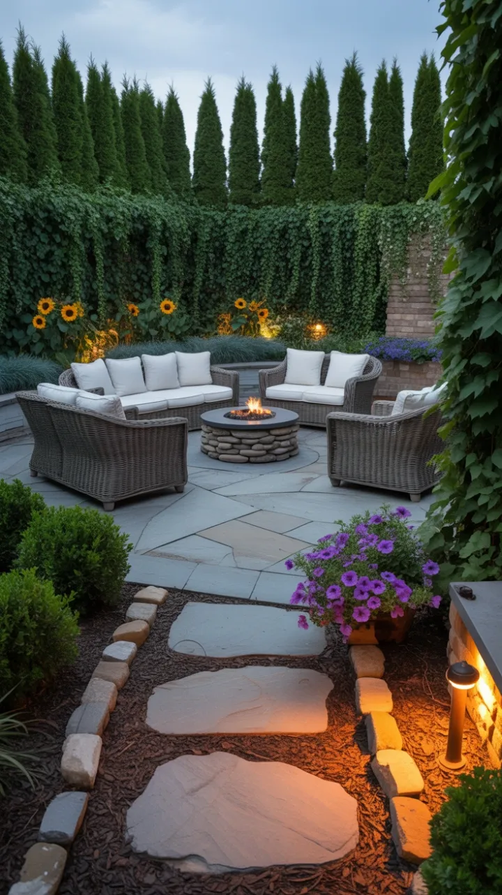 Secluded Stone Patio Retreat with Riverstone Fire Pit and Lush Living Wall