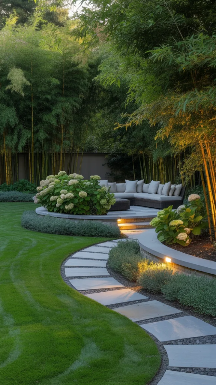 Sunlit Backyard Retreat with Hydrangeas, Bamboo and Cozy Seating