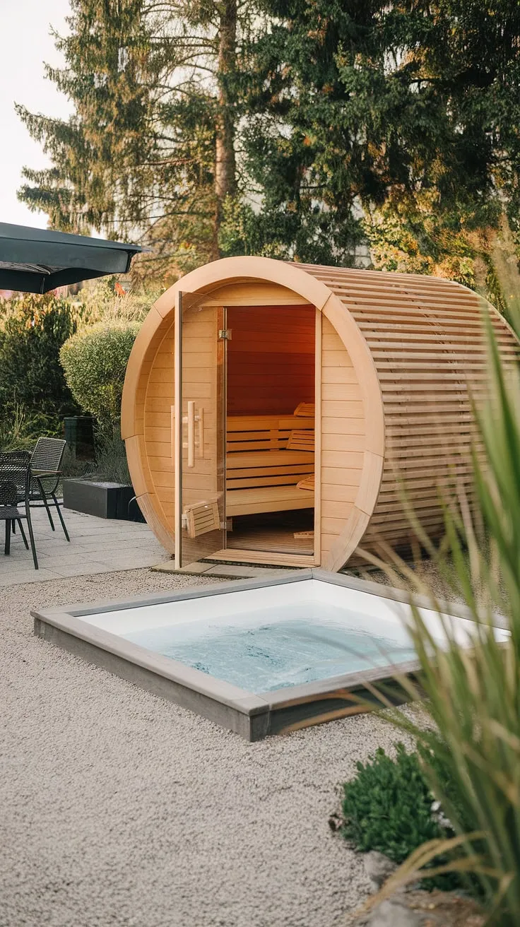 Outdoor wellness awaits in a private sauna and cold plunge setup, perfect for relaxation and rejuvenation