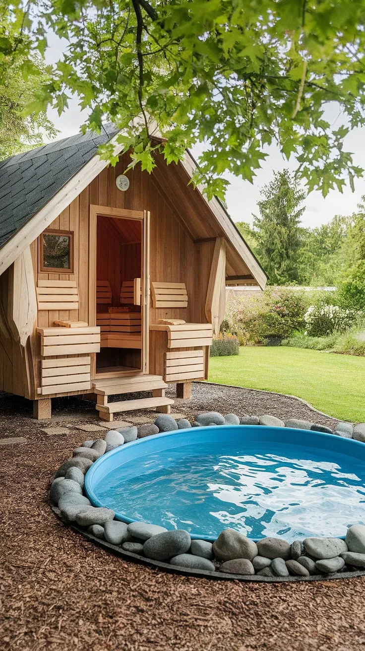 Escape to a tranquil backyard oasis featuring a traditional wood sauna and refreshing cold plunge pool nestled within a vibrant garden.
