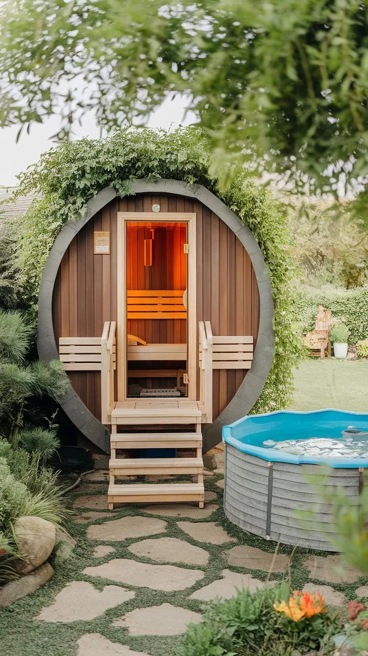 Escape to tranquility with a wood-fired sauna and refreshing cold plunge pool nestled in a vibrant garden
