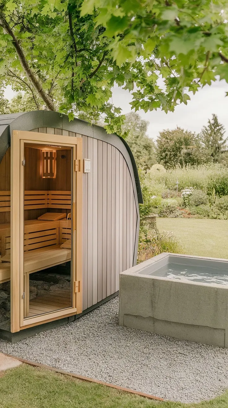Indulge in ultimate relaxation with a wood-fired sauna and refreshing concrete cold plunge nestled in a vibrant garden.