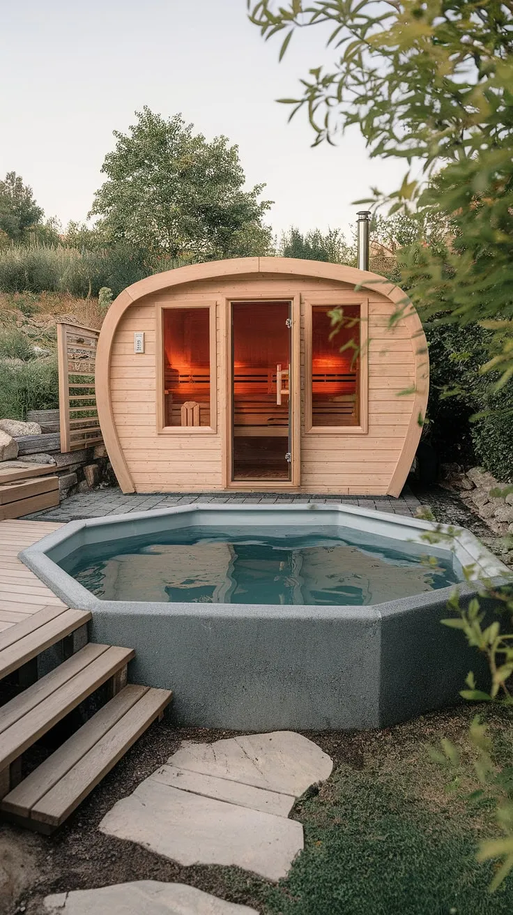 Escape to tranquility with a wood-fired sauna and refreshing cold plunge pool nestled in a peaceful backyard oasis.