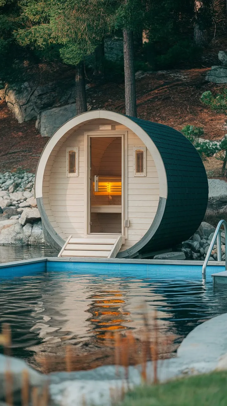 Find serenity in a lakeside sauna and invigorating cold plunge pool surrounded by trees and rocks