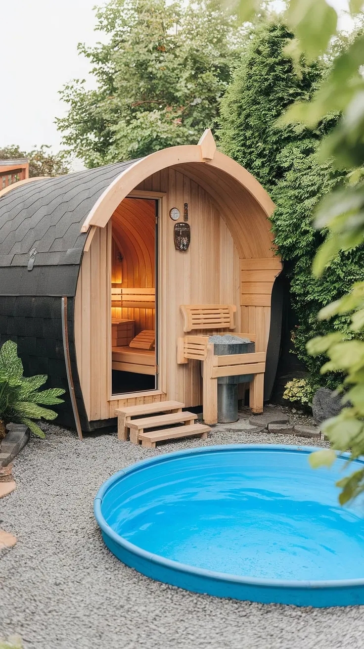Escape to tranquility with a private backyard sauna and cold plunge for ultimate relaxation
