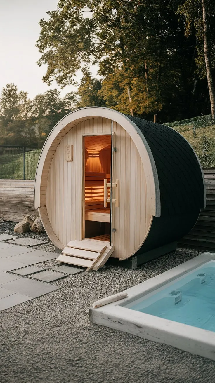 Escape to tranquility in a private backyard oasis featuring a wood sauna and invigorating cold plunge