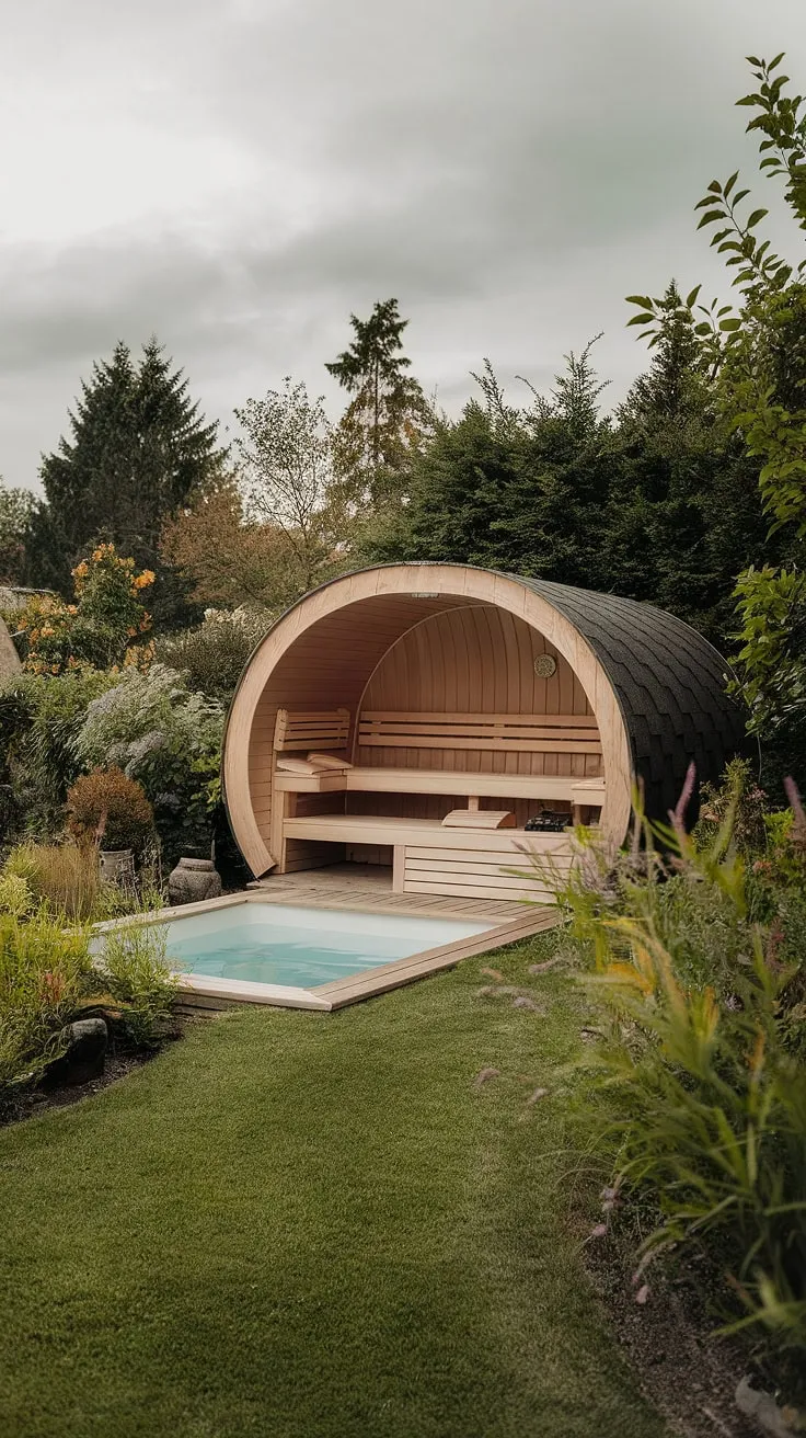 A wood-fired sauna and refreshing cold plunge pool offer a rejuvenating backyard retreat surrounded by a vibrant garden.