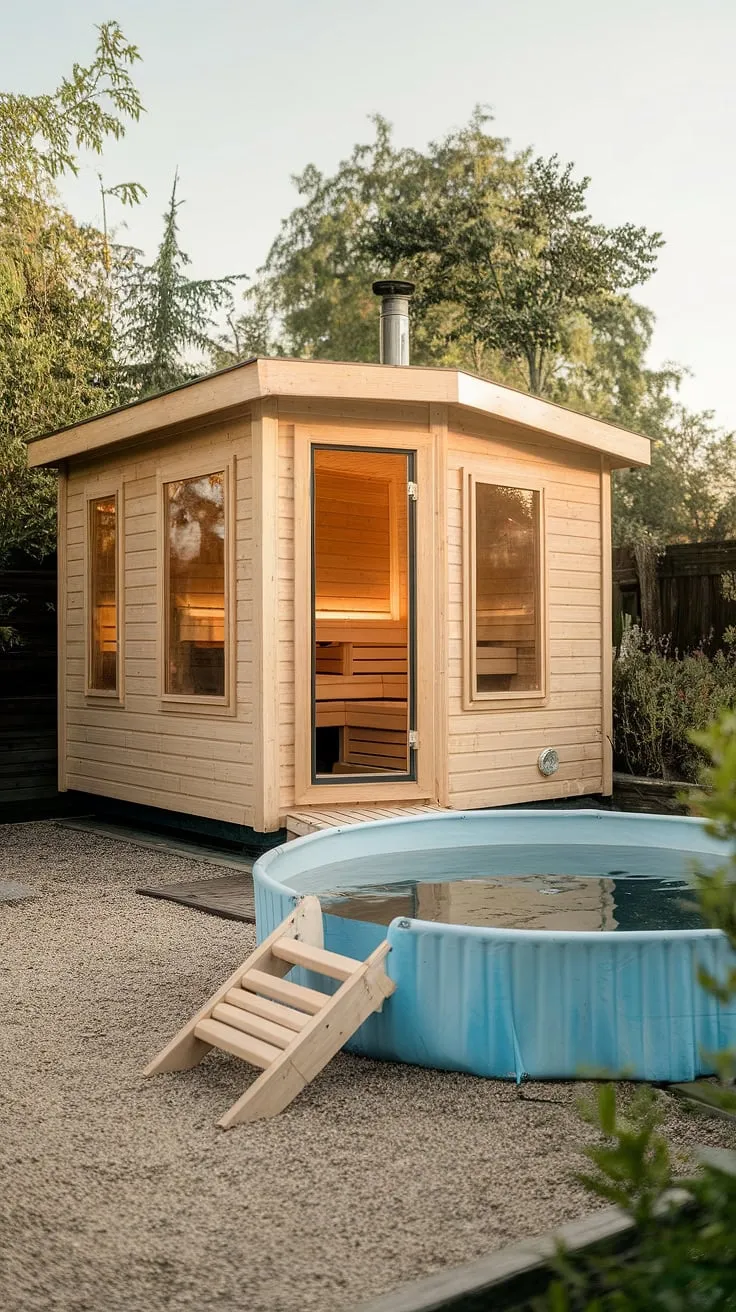 A wooden sauna and refreshing cold plunge pool offer a rejuvenating outdoor retreat.