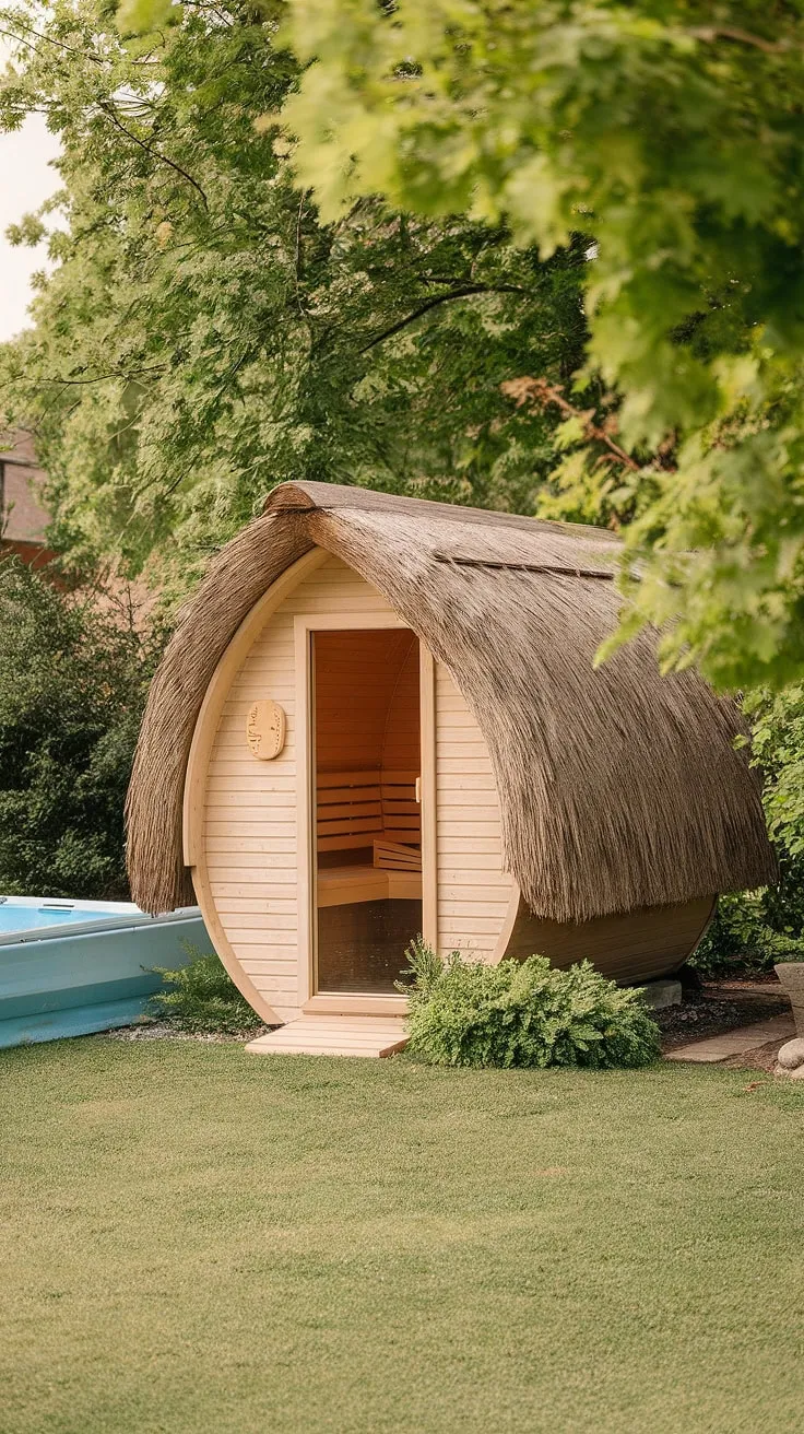 Escape to tranquility in a rustic backyard sauna nestled amongst lush greenery and a refreshing cold plunge.