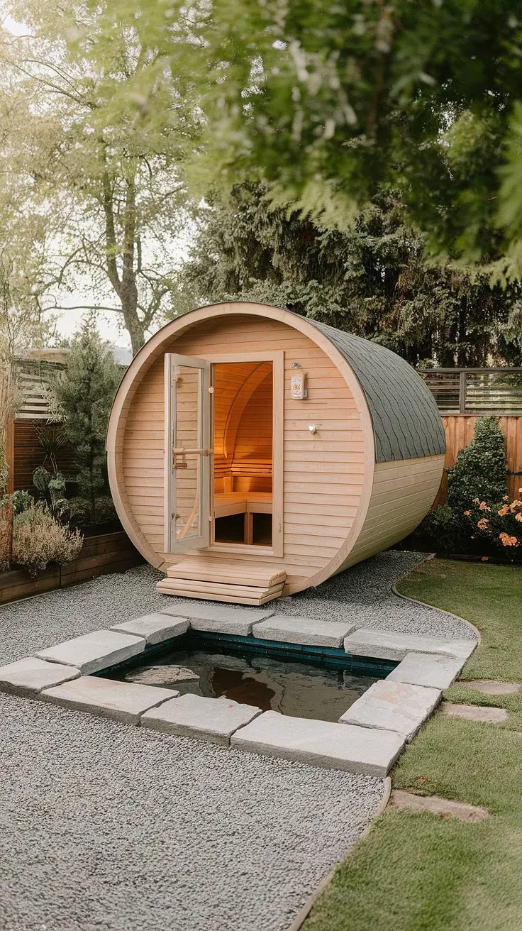 Escape to tranquility in a lush garden oasis featuring a wooden sauna and refreshing stone cold plunge.