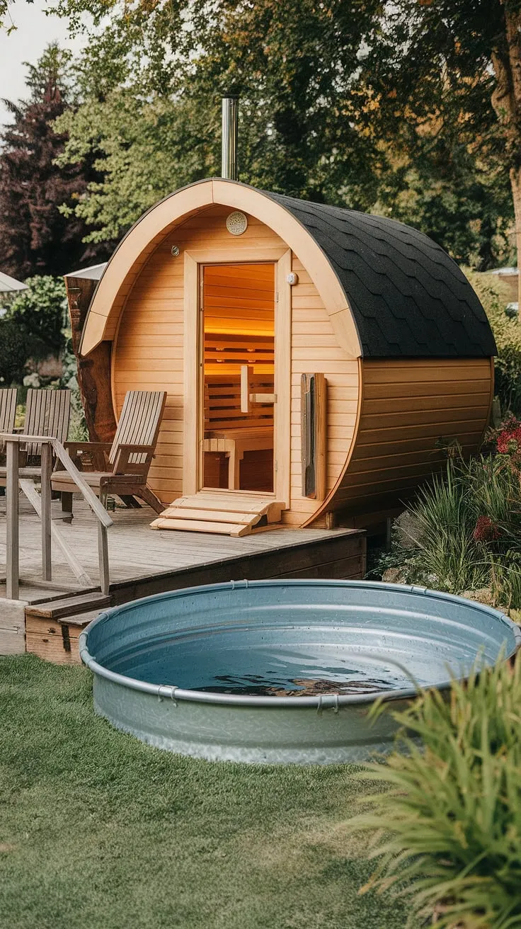 Escape to tranquility in a wood-fired backyard sauna and refreshing cold plunge pool nestled amidst a lush garden.