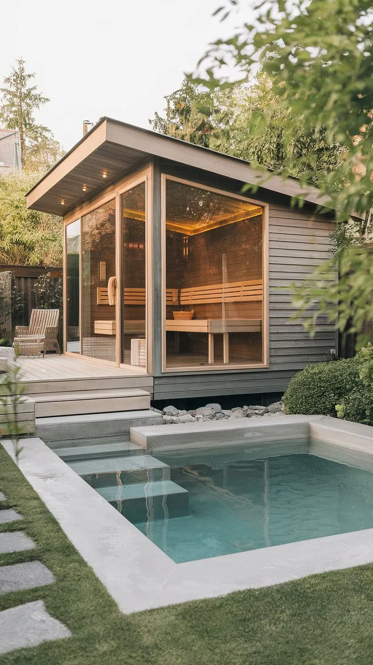 Escape to tranquility with a backyard sauna and refreshing cold plunge pool, perfectly nestled in a serene garden setting.