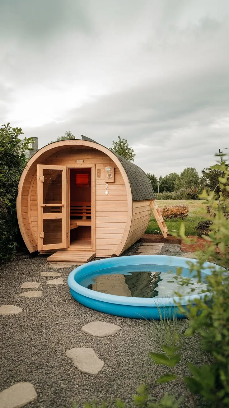 Escape to a tranquil backyard oasis featuring a wood sauna and invigorating cold plunge pool