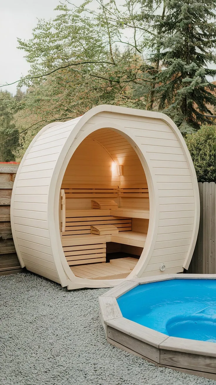 Experience ultimate relaxation in a serene outdoor sauna and cold plunge setup.
