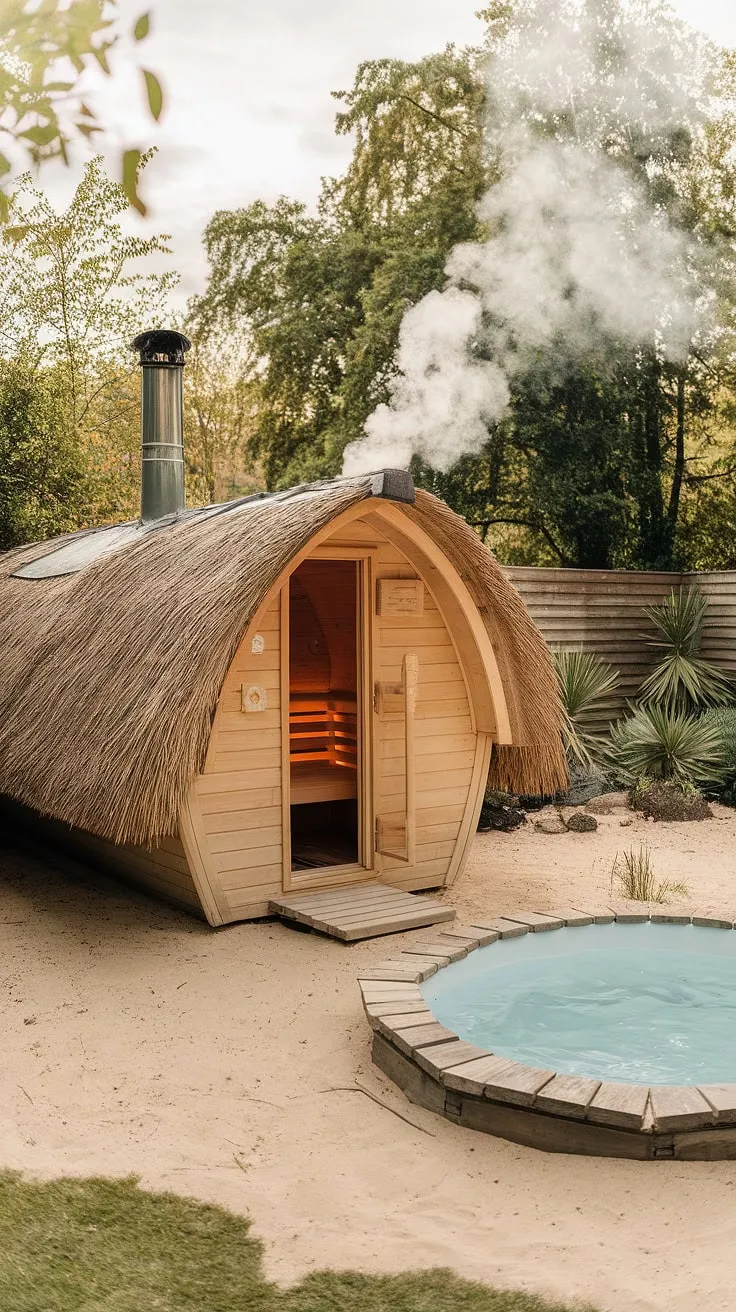 Escape to tranquility in a rustic backyard sauna, complete with a refreshing cold plunge pool.