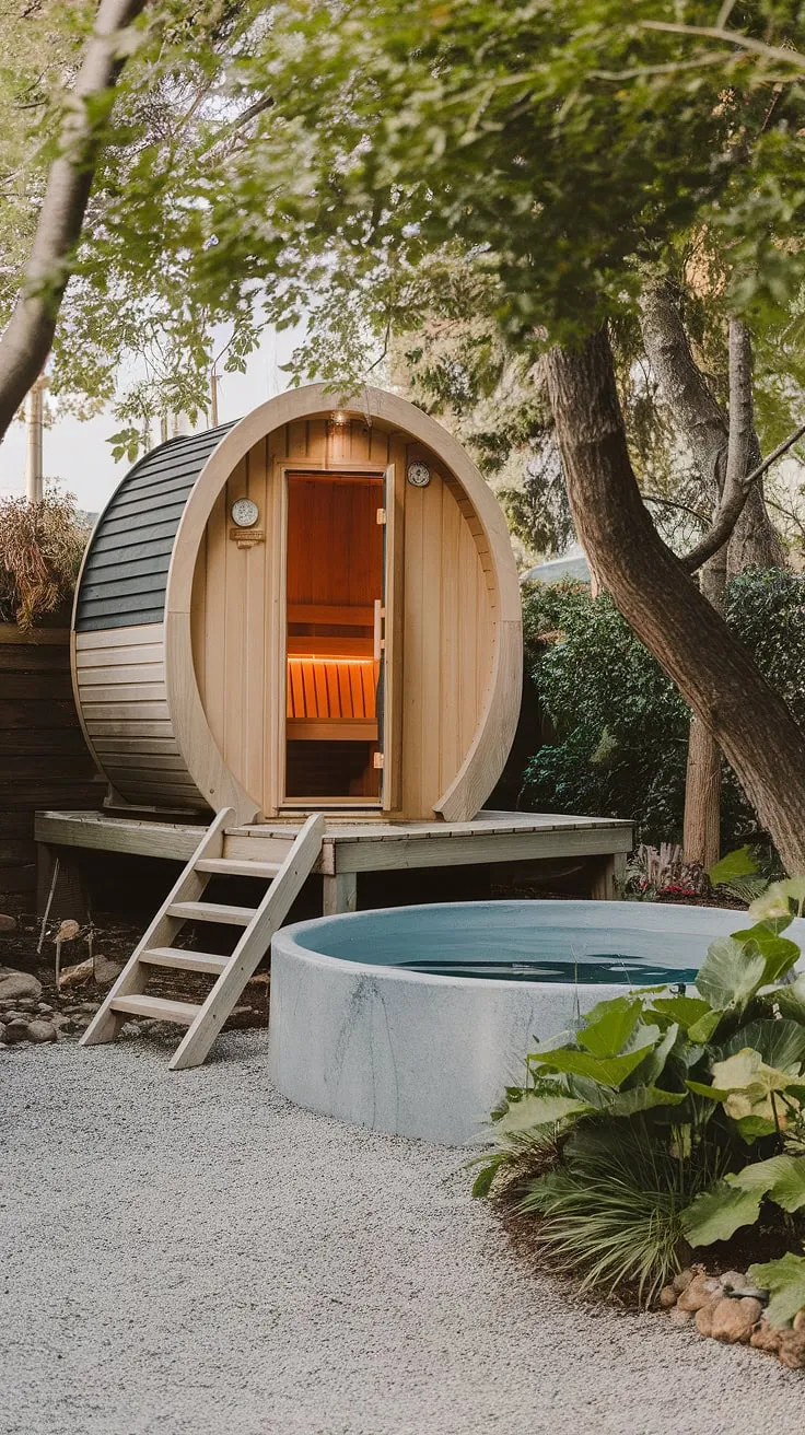 A tranquil outdoor retreat awaits with a raised wooden sauna and refreshing concrete cold plunge nestled amongst nature.