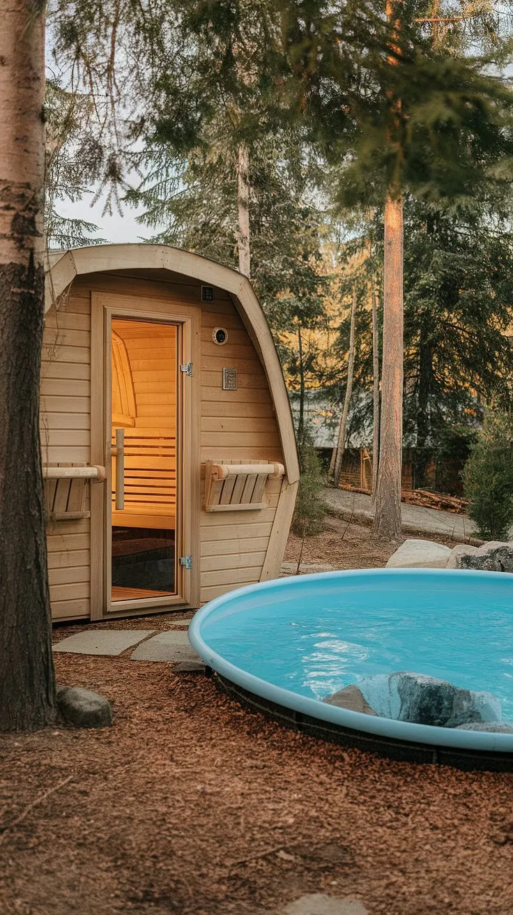 Escape to a tranquil wooded retreat featuring a rustic wood sauna and refreshing cold plunge pool.