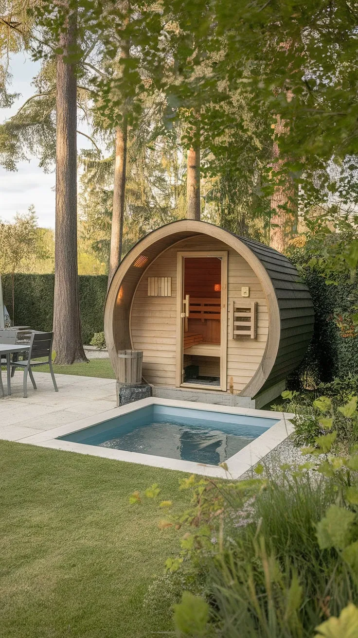 Escape to a serene backyard oasis featuring a wood sauna and invigorating cold plunge pool