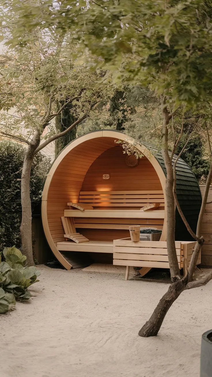 A serene garden features a wooden sauna as its peaceful centerpiece, offering a tranquil retreat.