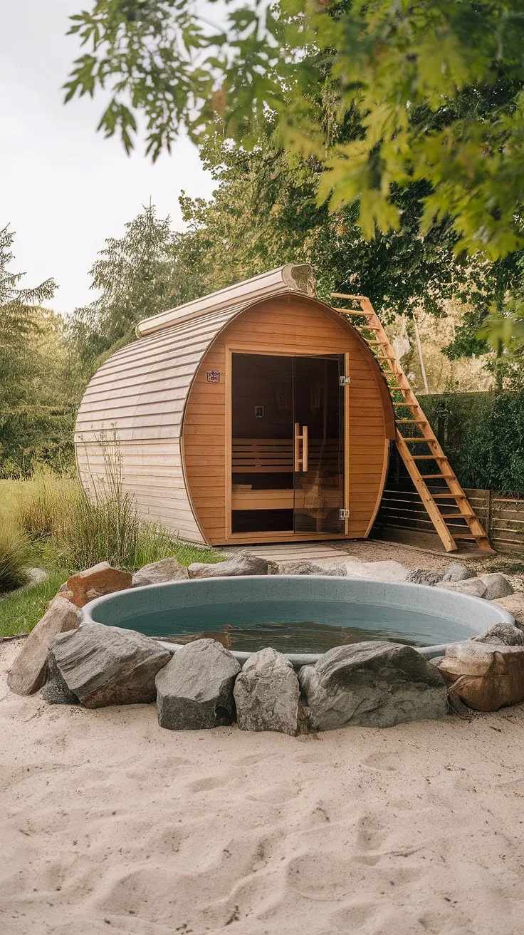 Escape to a tranquil backyard oasis featuring a wooden sauna and invigorating cold plunge pool