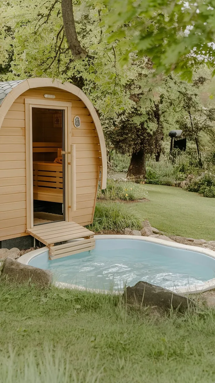 Escape to tranquility in a wood-fired backyard sauna and refreshing cold plunge nestled within a lush garden.