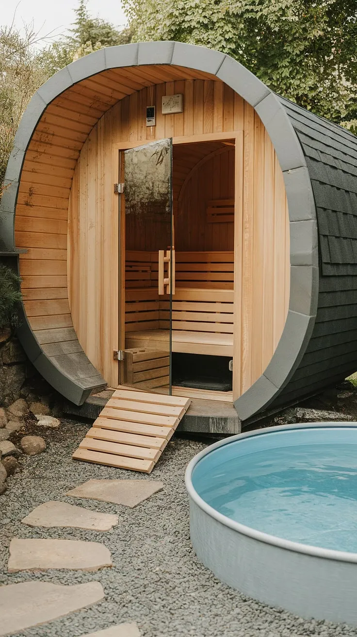Escape to tranquility with a wood-fired sauna and refreshing cold plunge nestled in a serene backyard oasis.