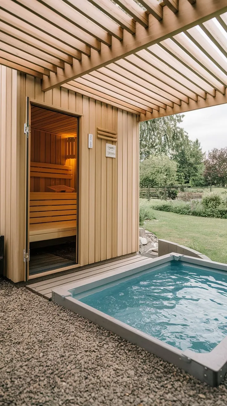 Escape to a rejuvenating backyard oasis featuring a wood sauna and invigorating cold plunge pool
