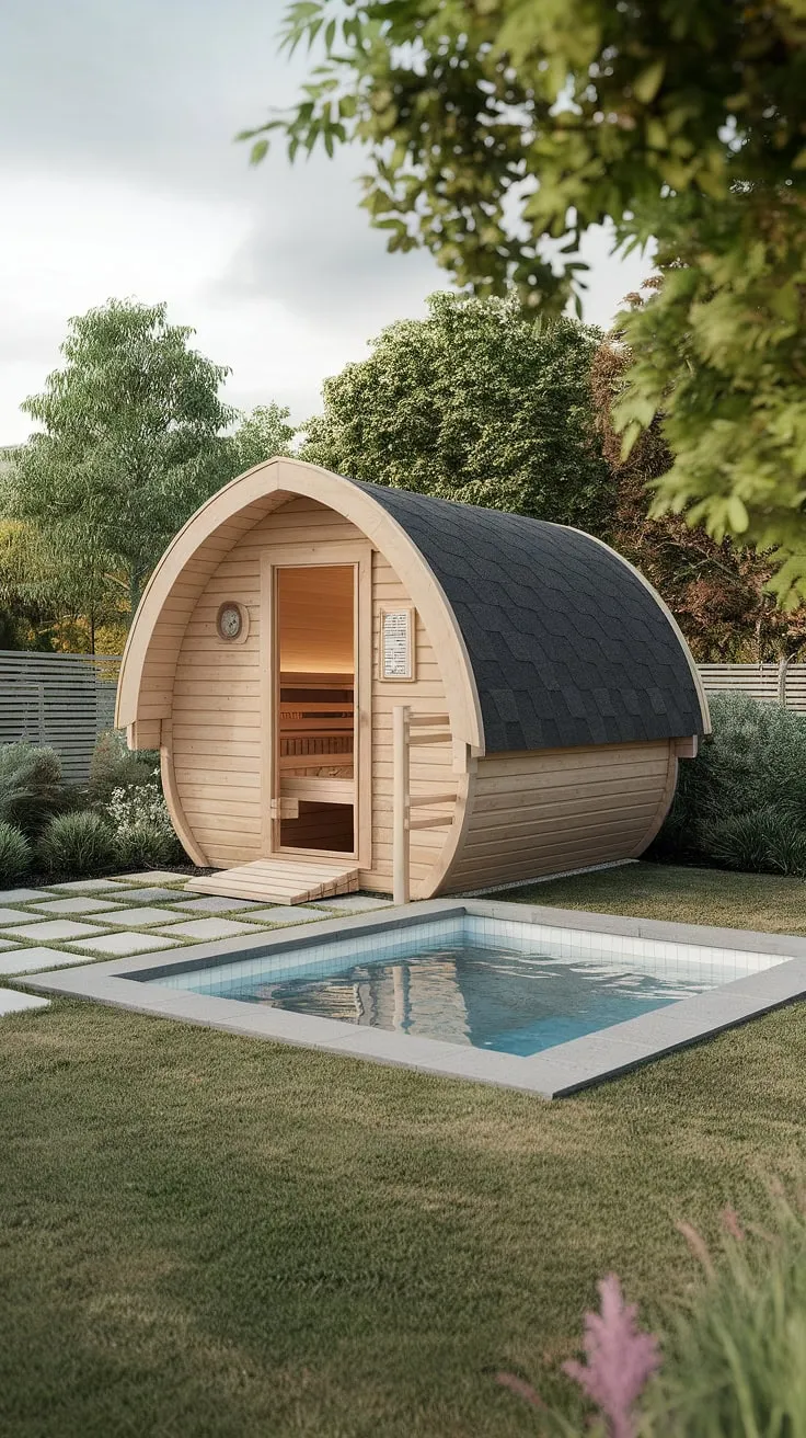 Natural serenity awaits in this wood-crafted sauna and refreshing cold plunge setup.