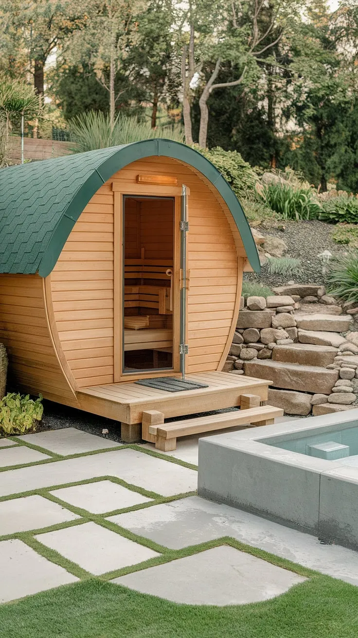 A serene garden setting complements a luxurious outdoor sauna and cold plunge experience.