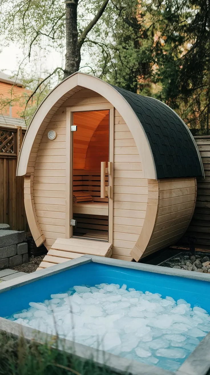 Find serenity in a private outdoor sauna and cold plunge pool oasis