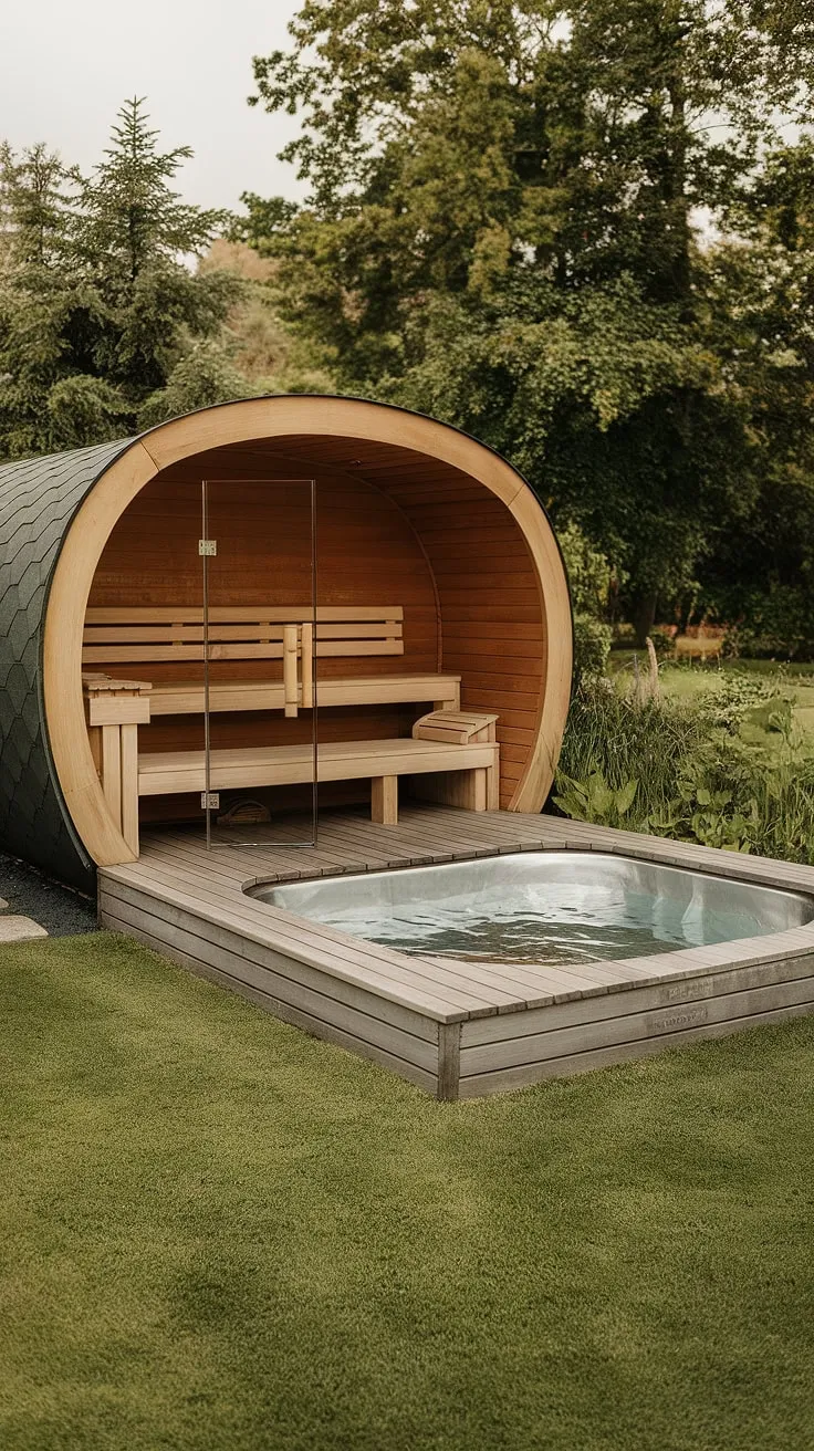 Find serenity in a backyard oasis featuring a wood sauna and a refreshing metal plunge pool surrounded by lush greenery
