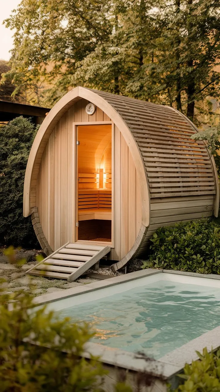 Escape to tranquility in a wood-fired sauna nestled in nature, complete with a refreshing cold plunge pool.
