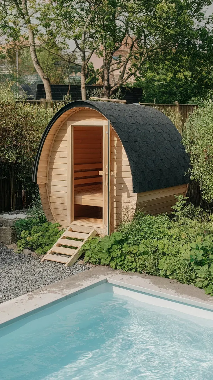 Escape to backyard tranquility with a private sauna and invigorating cold plunge