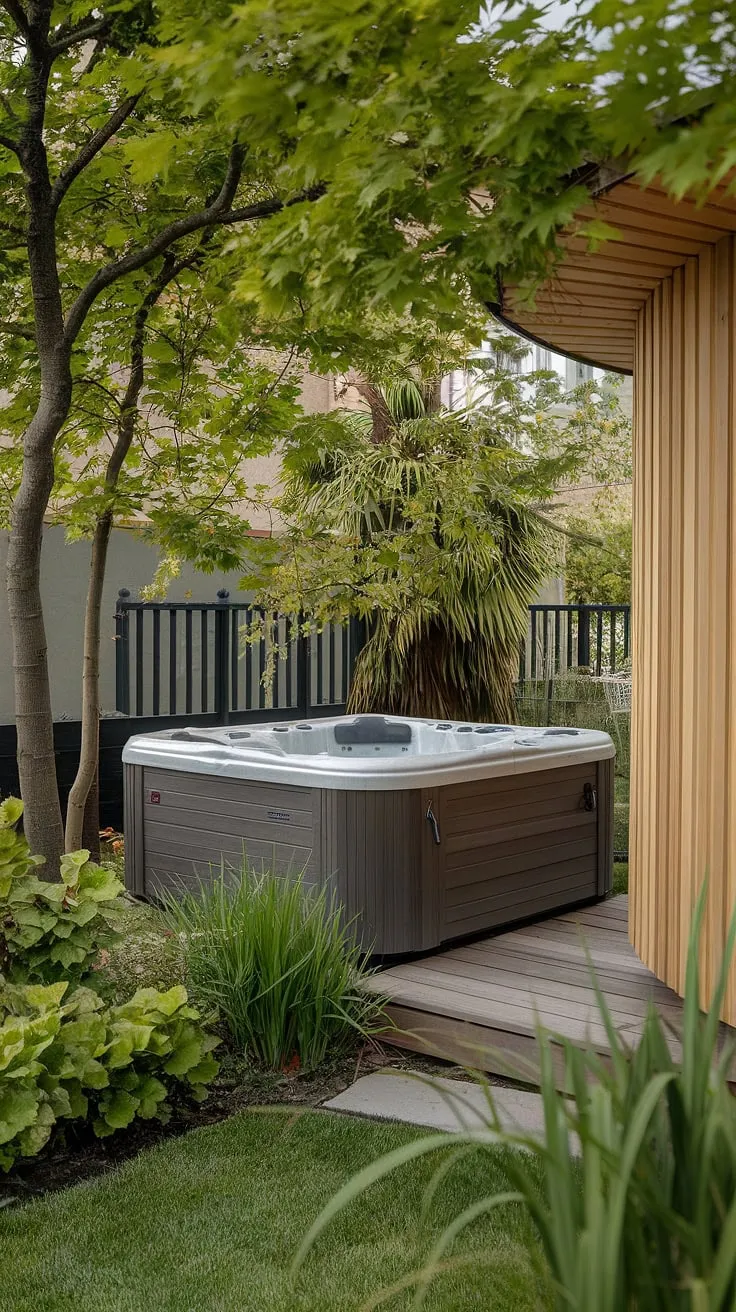 Escape to a tranquil backyard oasis featuring a hot tub and sauna nestled amongst vibrant greenery