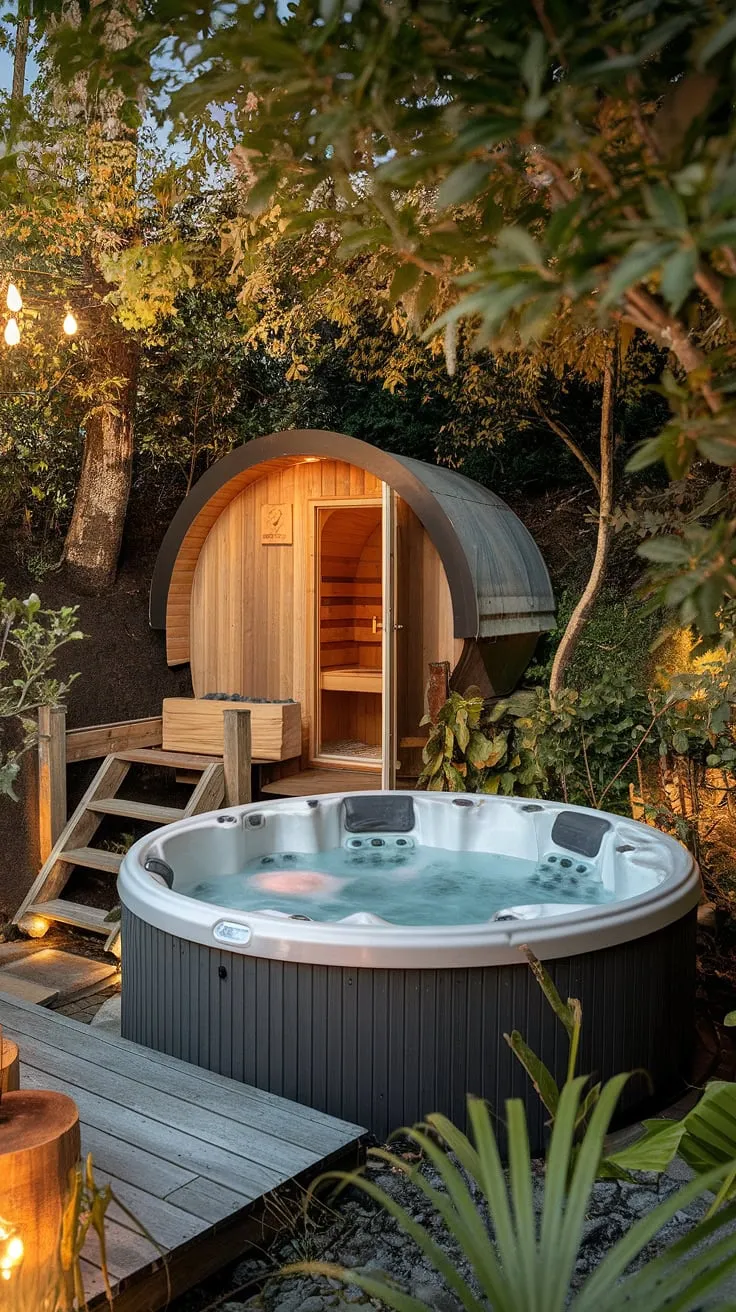 Luxury awaits in this serene backyard spa, complete with a hot tub and sauna nestled amongst lush greenery.