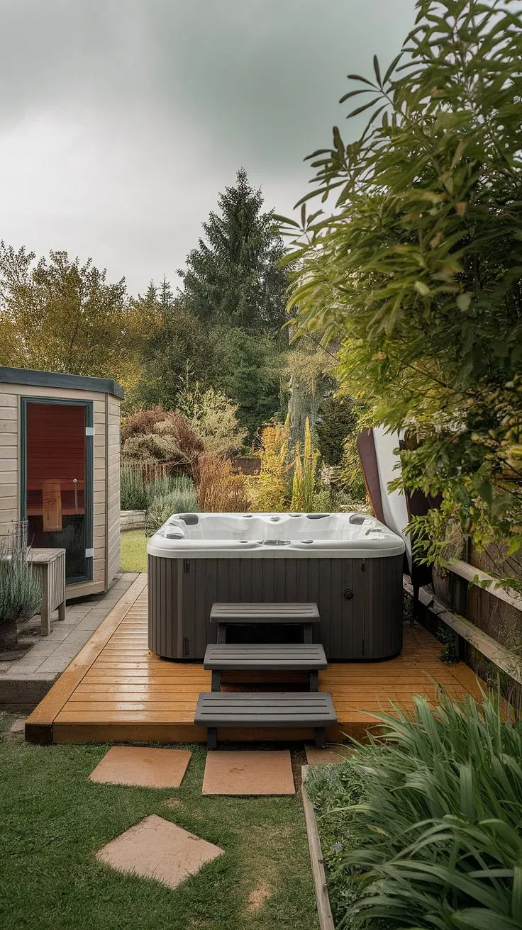 Escape to a tranquil backyard oasis featuring a hot tub, sauna, and lush greenery