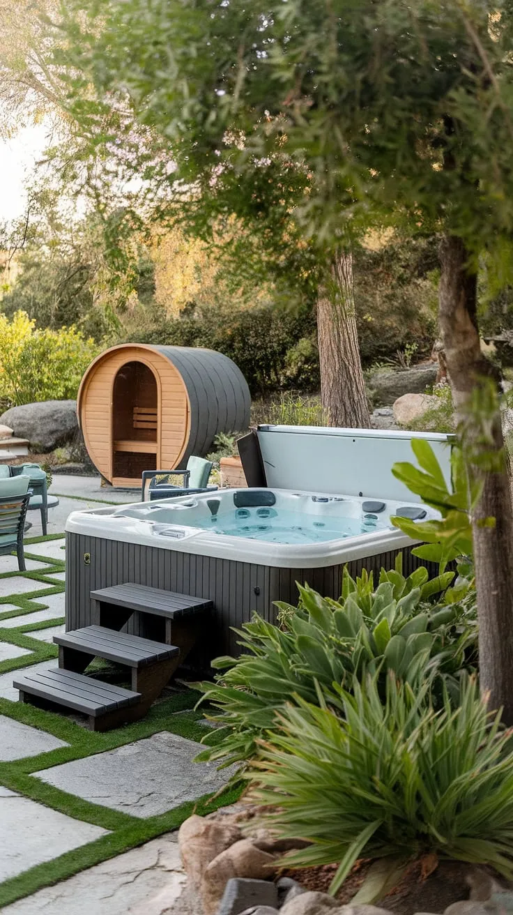 A tranquil backyard retreat offers a hot tub, sauna, and natural beauty for ultimate relaxation