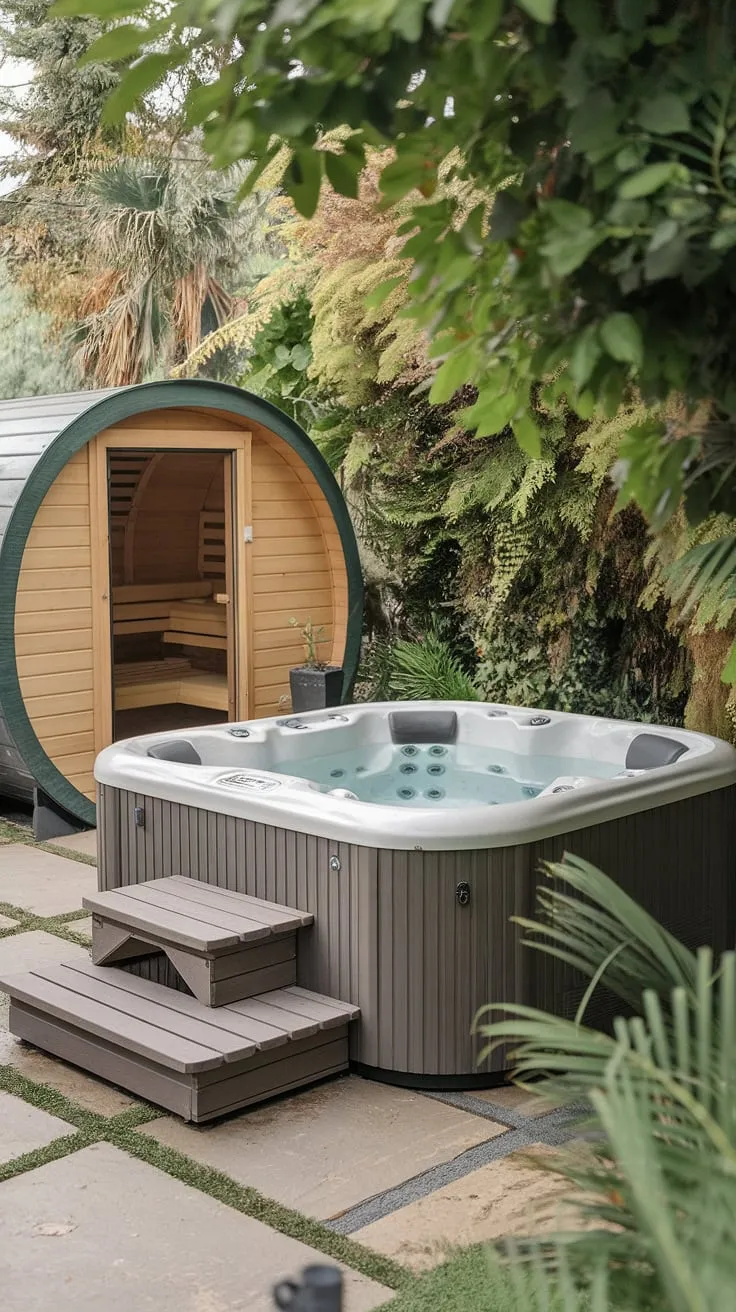 Escape to a tranquil backyard oasis featuring a hot tub and sauna nestled amongst vibrant greenery