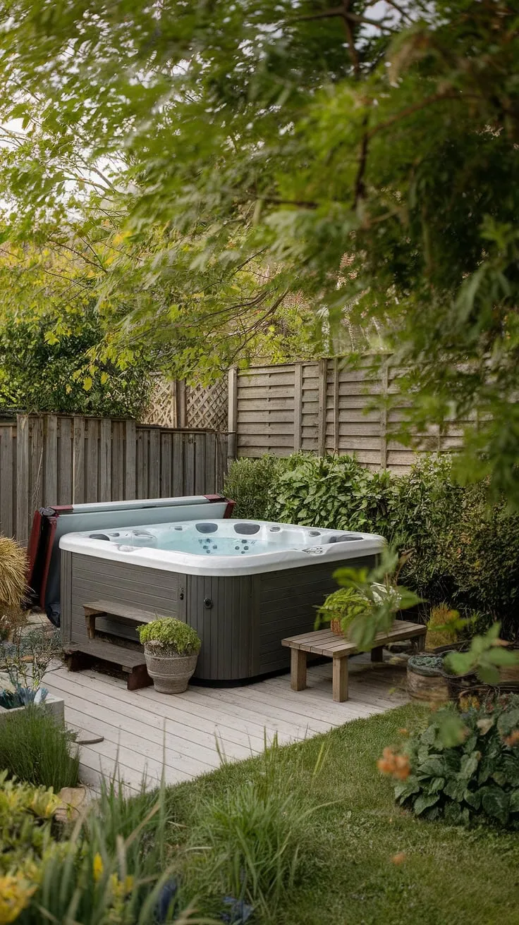 A serene backyard hot tub beckons amidst peaceful greenery and a wooden deck.