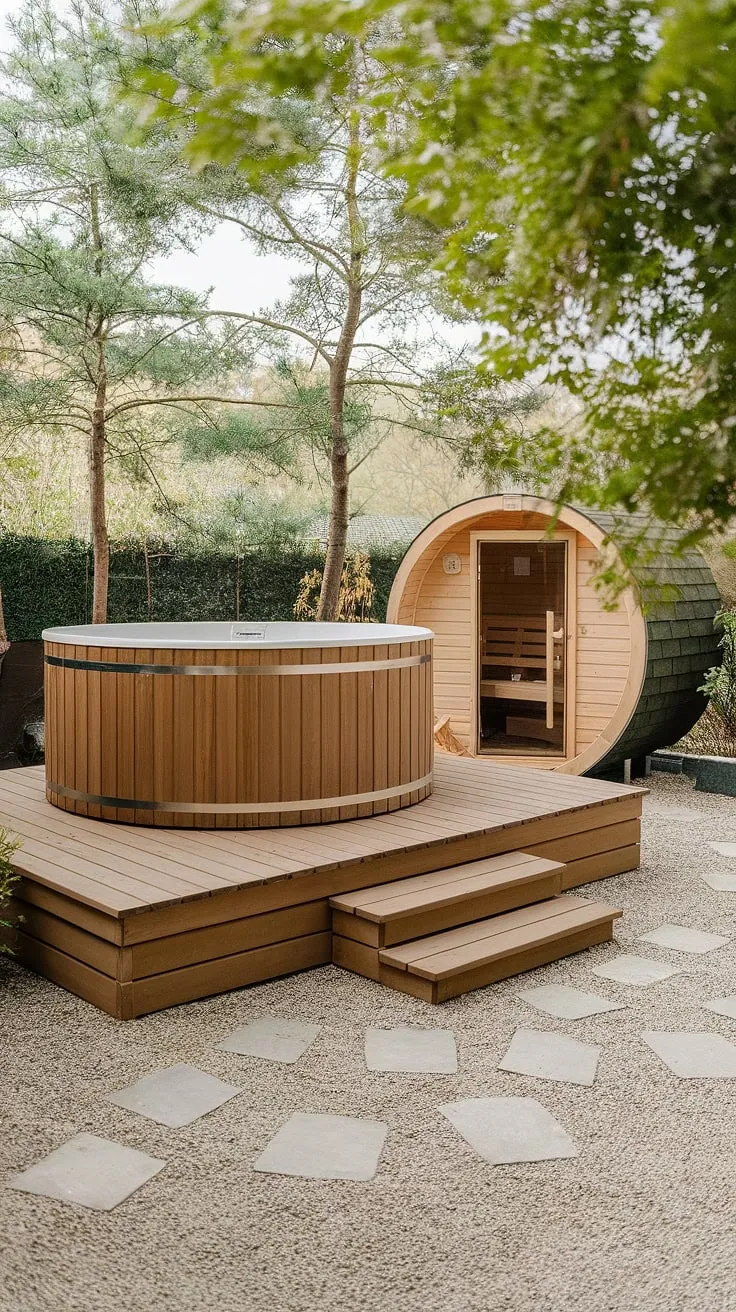 Escape to a tranquil backyard oasis featuring a wooden hot tub and sauna nestled among trees