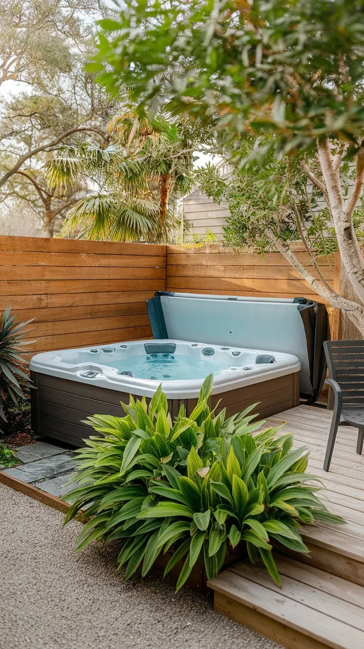 Escape to a tranquil backyard oasis featuring a hot tub nestled amongst vibrant greenery and a wooden deck