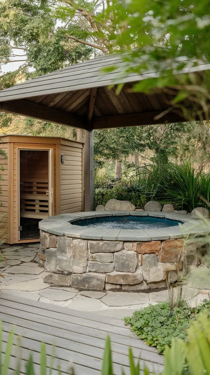 Escape to a serene backyard oasis featuring a stone hot tub under a wooden roof and a nearby sauna, surrounded by tranquil greenery