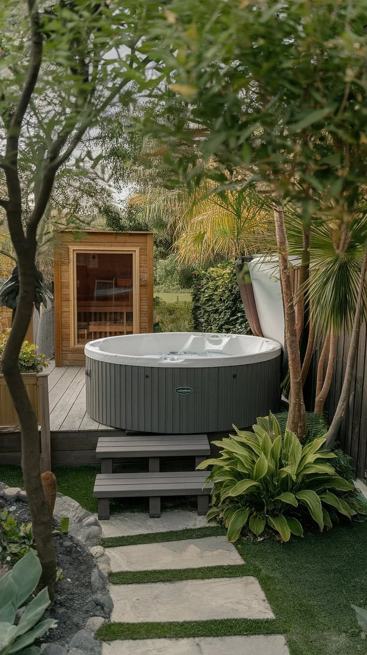 Escape to tranquility in a lush garden oasis featuring a wooden hot tub and sauna.