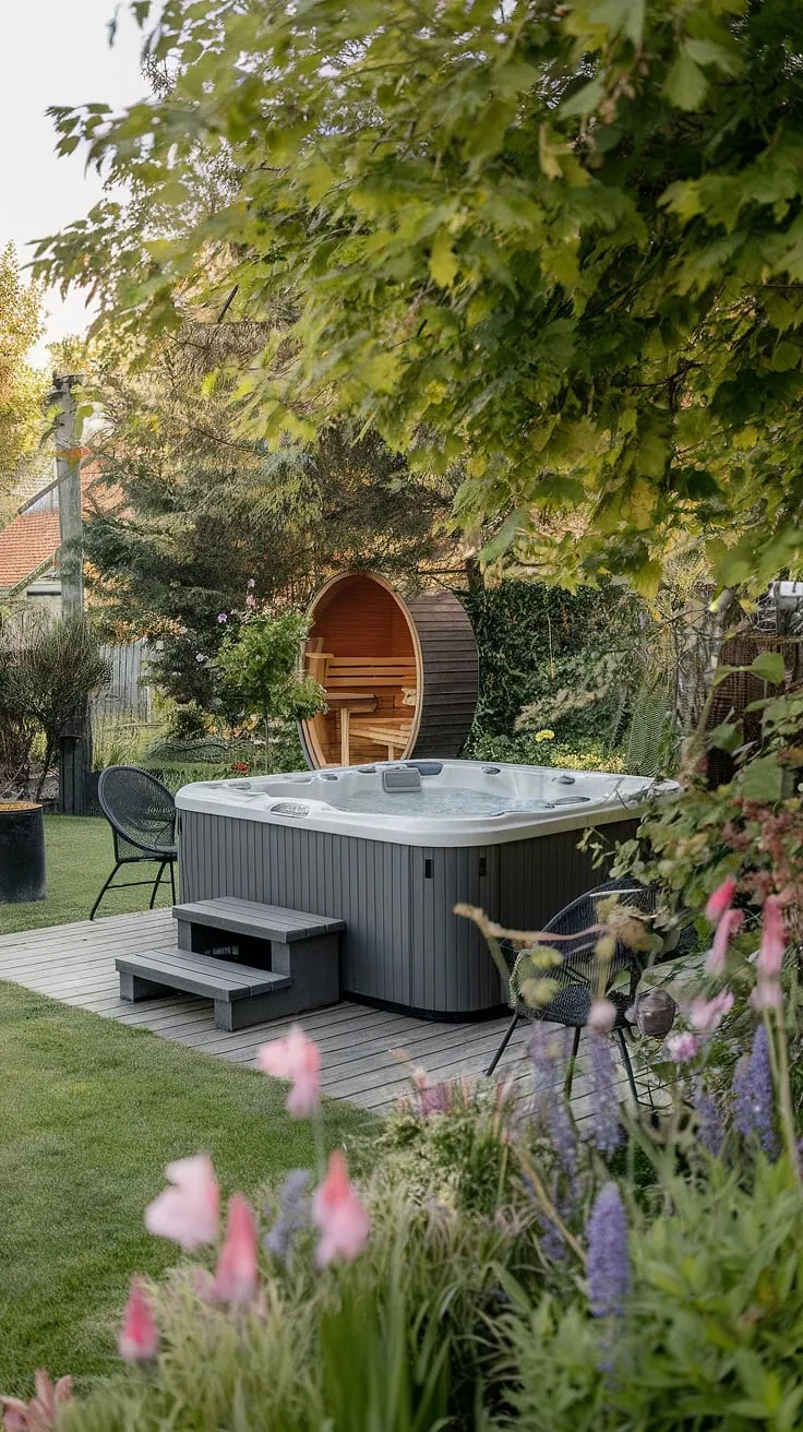 Escape to a tranquil backyard oasis featuring a hot tub, sauna, and inviting deck