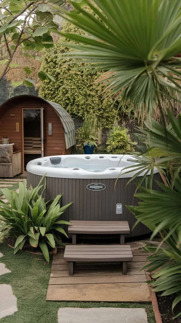 Escape to tranquility in a private backyard oasis featuring a hot tub, sauna, and lush greenery
