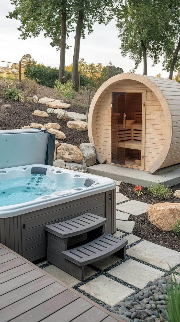 Escape to a tranquil backyard oasis featuring a hot tub, sauna, and serene garden